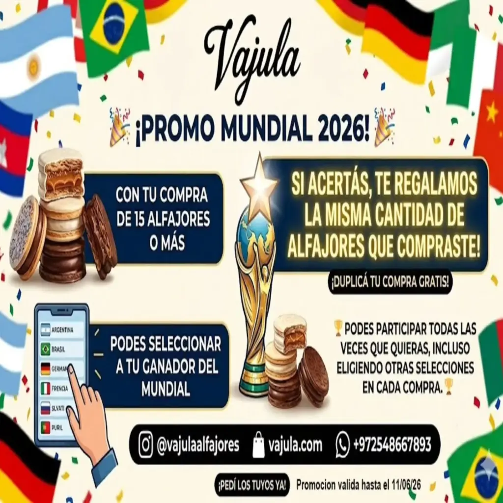 🎉⚽ &iexcl;Promo Mundial 2026 en Vajula! ⚽🎉 Comprando 15 alfajores o m&aacute;s, eleg&iacute;s tu selecci&oacute;n favorita para ganar el Mundial 2026. 🏆 Podes hacer el pedido en https://vajula.com/es/home/ Si acert&aacute;s al campe&oacute;n, te regalamos la misma cantidad de alfajores que compraste. 😍🍪 🔄 Particip&aacute; todas las veces que quieras. 📅 V&aacute;lido hasta el 11/06/2026. &iquest;Qui&eacute;n ser&aacute; el campe&oacute;n? 🌎⚽🏆